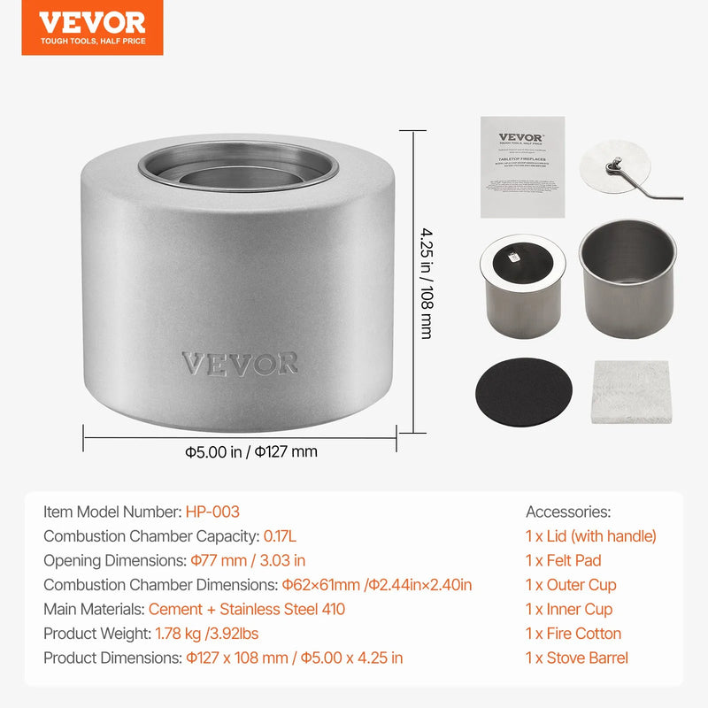 VEVOR galda ugunskura bļoda, betona galda kamīns iekštelpām un āra dekoram, pārnēsājams spirta deglis “S’mores” pagatavošanai, piemērots terasei un balkonam ar ugunsdzēšļa vāku, cilindrisks gaiši pelēks
