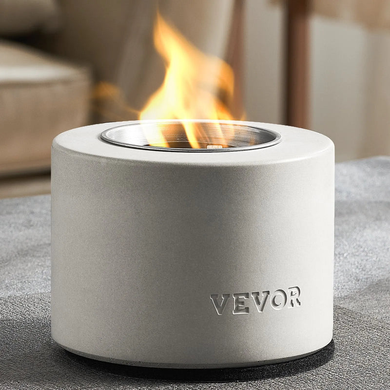 VEVOR galda ugunskura bļoda, betona galda kamīns iekštelpām un āra dekoram, pārnēsājams spirta deglis “S’mores” pagatavošanai, piemērots terasei un balkonam ar ugunsdzēšļa vāku, cilindrisks gaiši pelēks