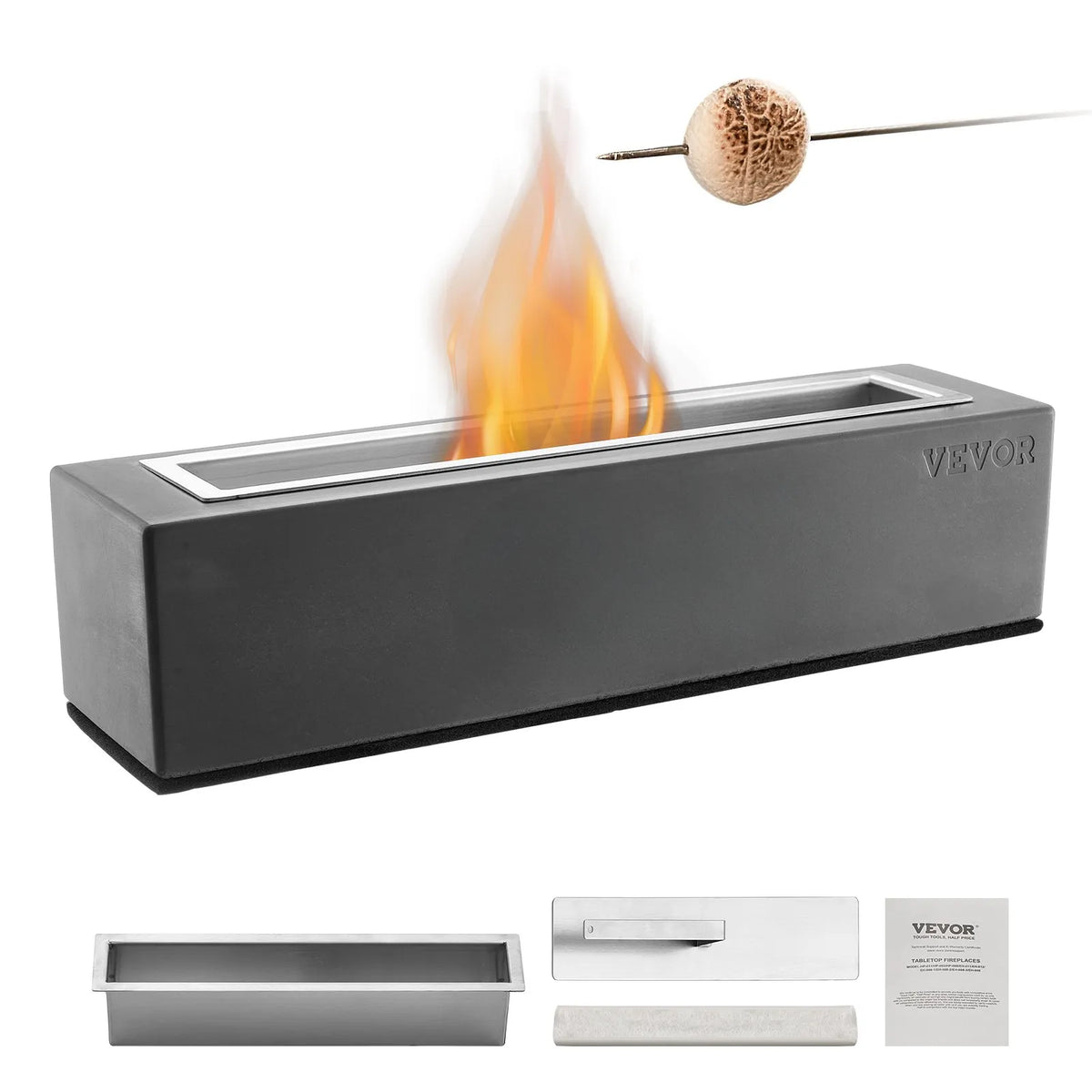 VEVOR Tabletop Fire Bowl 38 cm, Concrete Table Fireplace for Indoor and Outdoor Décor, Portable Ethanol Burner for S'mores Making, Suitable for Terrace and Balcony, with Fire Extinguisher Lid, Square Light Grey