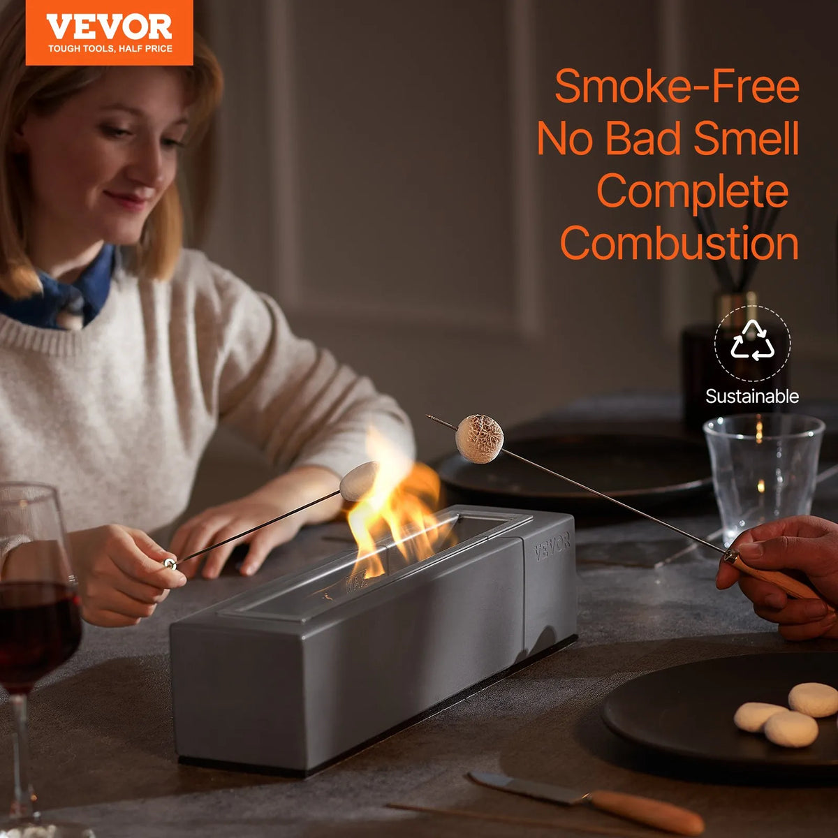 VEVOR Tabletop Fire Bowl 38 cm, Concrete Table Fireplace for Indoor and Outdoor Décor, Portable Ethanol Burner for S'mores Making, Suitable for Terrace and Balcony, with Fire Extinguisher Lid, Square Light Grey