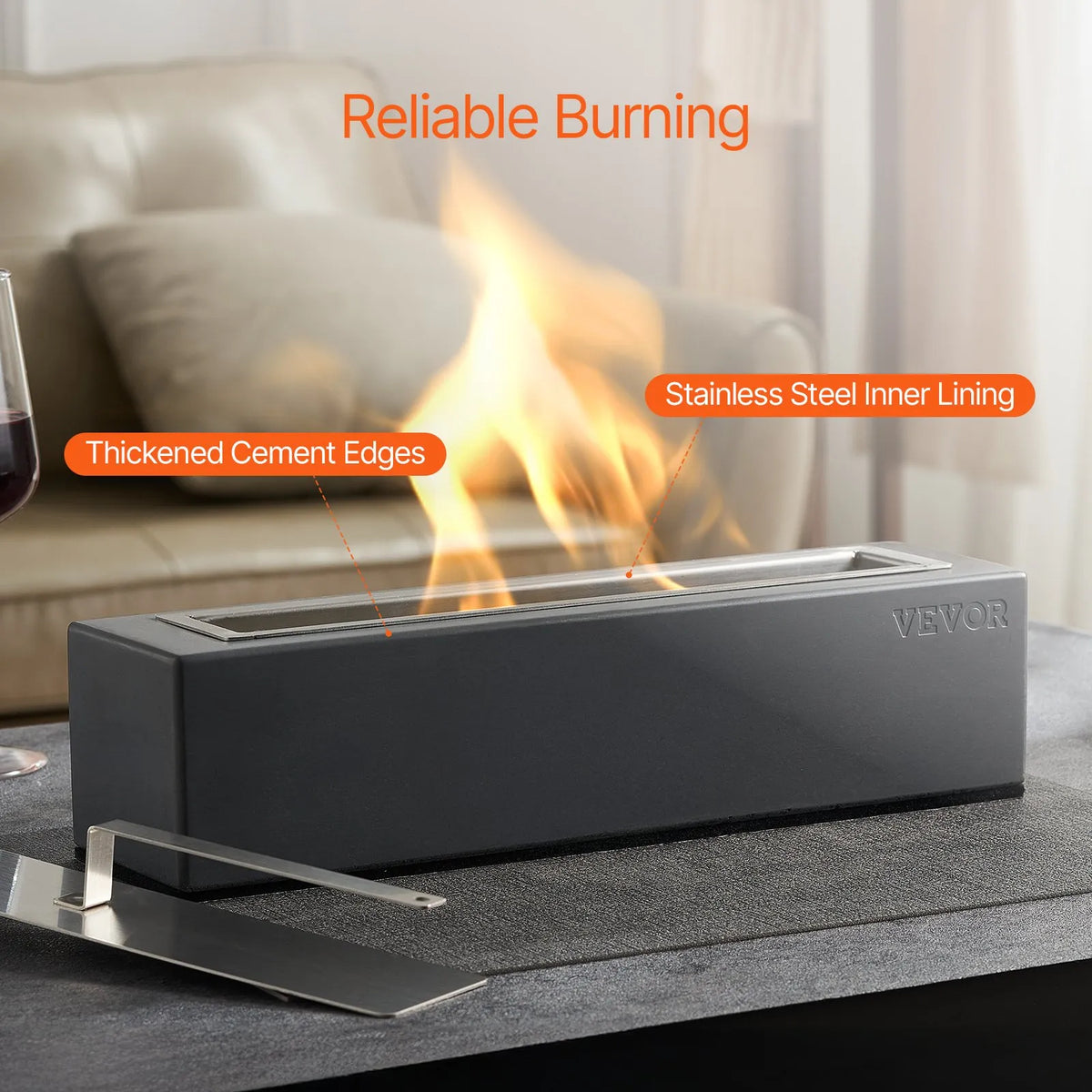 VEVOR Tabletop Fire Bowl 38 cm, Concrete Table Fireplace for Indoor and Outdoor Décor, Portable Ethanol Burner for S'mores Making, Suitable for Terrace and Balcony, with Fire Extinguisher Lid, Square Light Grey