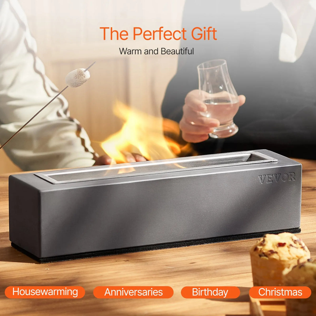 VEVOR Tabletop Fire Bowl 38 cm, Concrete Table Fireplace for Indoor and Outdoor Décor, Portable Ethanol Burner for S'mores Making, Suitable for Terrace and Balcony, with Fire Extinguisher Lid, Square Light Grey