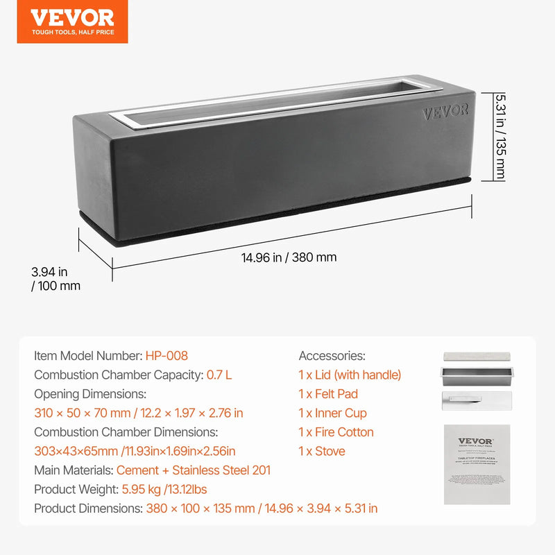 VEVOR galda ugunskura bļoda 38 cm, betona galda kamīns iekštelpām un āra dekoram, pārnēsājams spirta deglis “S’mores” pagatavošanai, piemērots terasei un balkonam, ar ugunsdzēšļa vāku, kvadrātveida gaiši pelēks