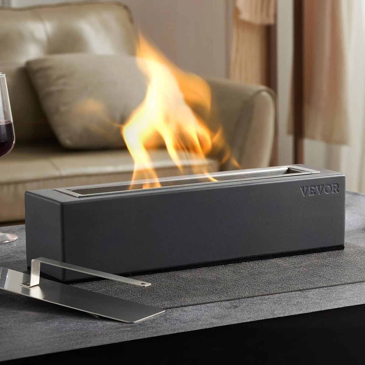 VEVOR Tabletop Fire Bowl 38 cm, Concrete Table Fireplace for Indoor and Outdoor Décor, Portable Ethanol Burner for S'mores Making, Suitable for Terrace and Balcony, with Fire Extinguisher Lid, Square Light Grey