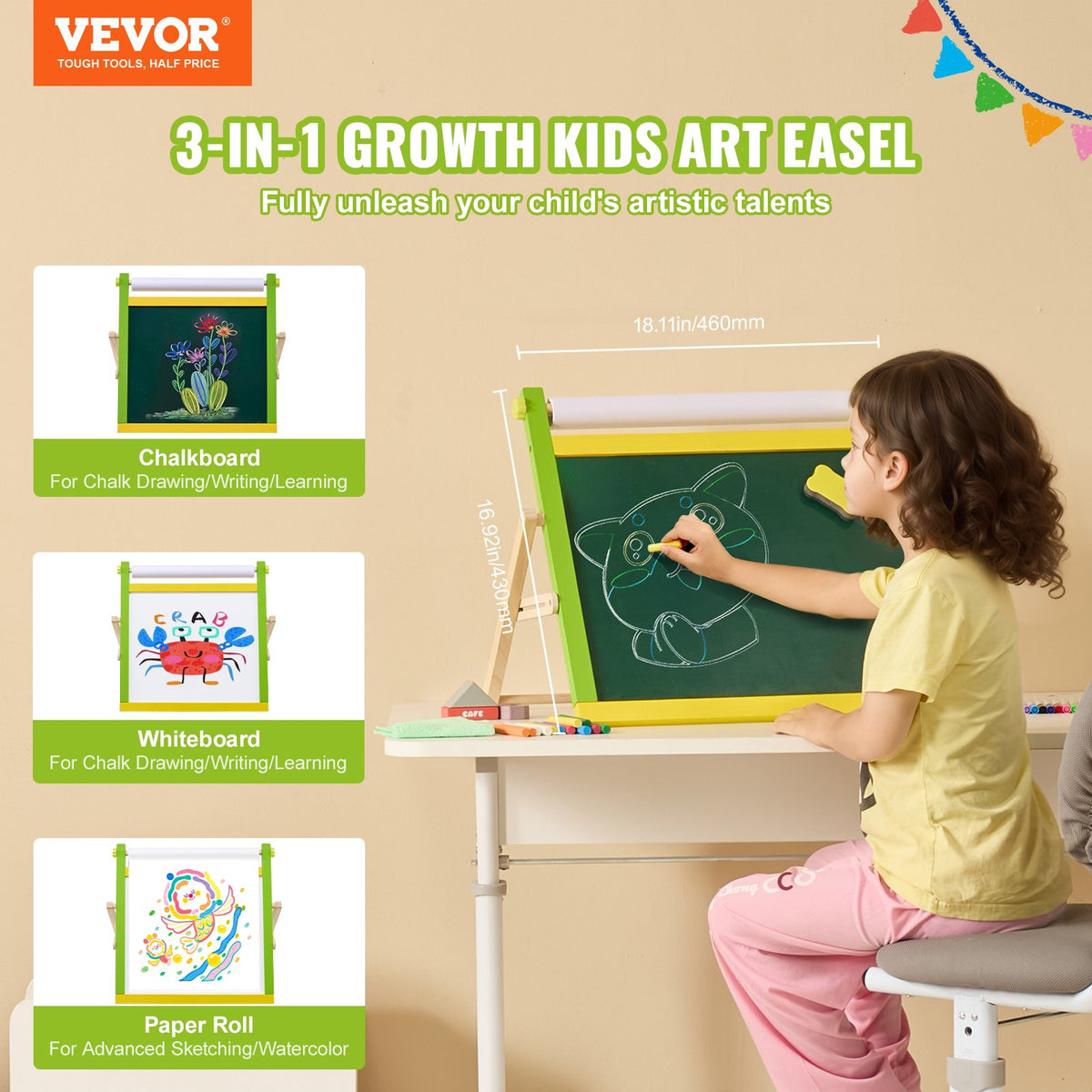 VEVOR 3 in 1 Children's Easel with Magnetic Whiteboard and Chalkboard