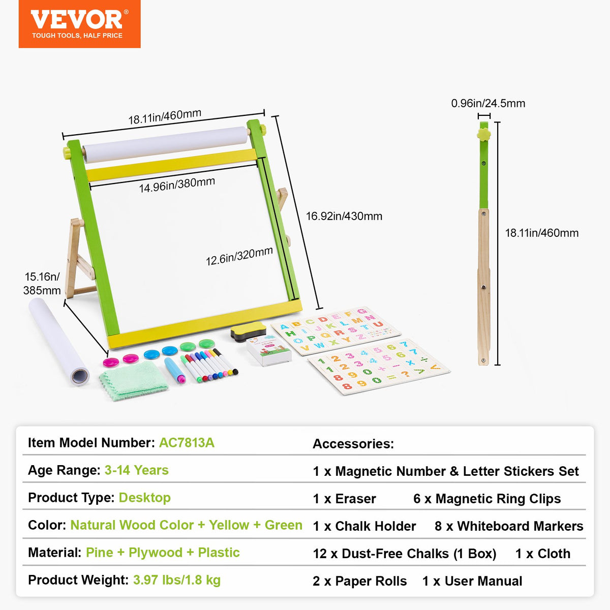 VEVOR 3 in 1 Children's Easel with Magnetic Whiteboard and Chalkboard