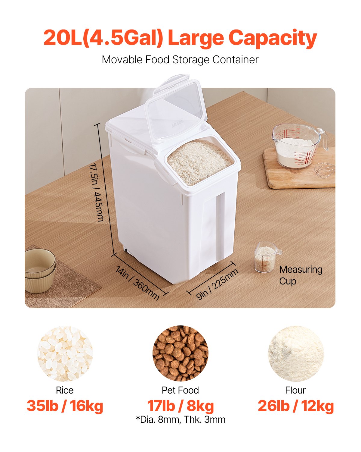 VEVOR Feed Storage Container with Wheels, Measuring Scoop and Airtight Lid, 20 l