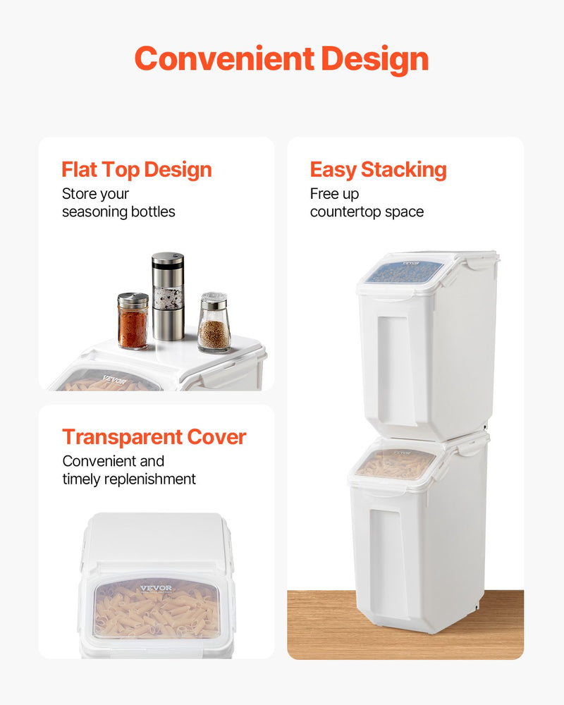 VEVOR rīsu un sastāvdaļu uzglabāšanas konteiners, 20 l ietilpības liels barības dozators ar riteņiem, mērbļodiņu un hermētisku vāku, piemērots graudiem, miltiem un mājdzīvnieku barībai, 1 gab.