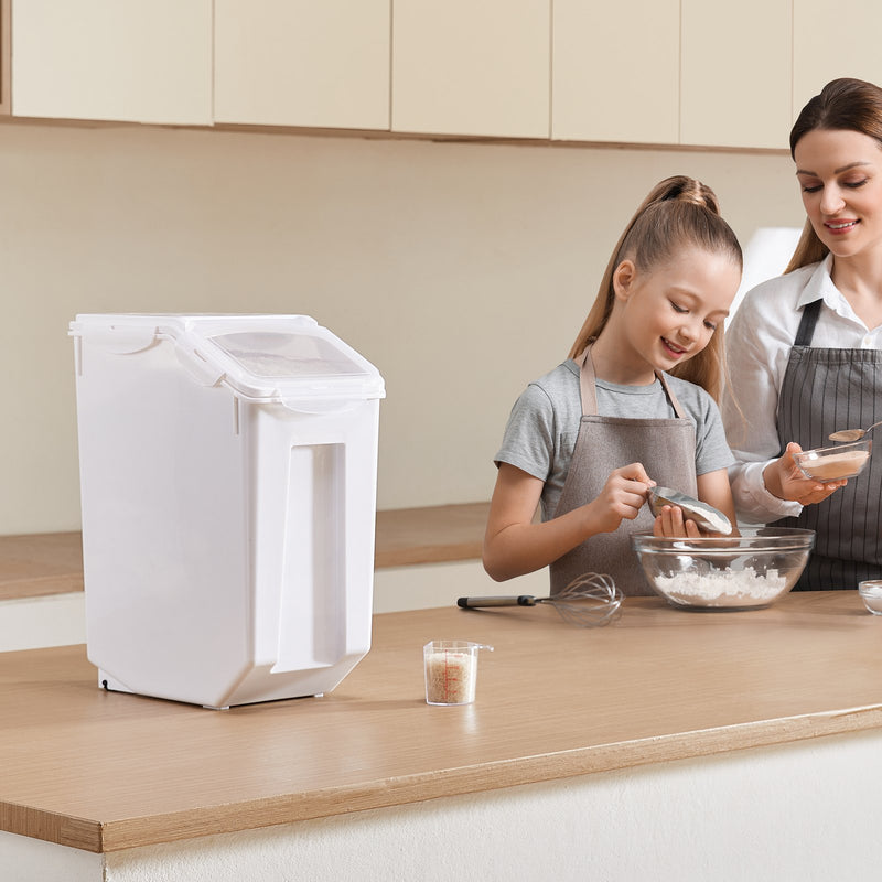 VEVOR rīsu un sastāvdaļu uzglabāšanas konteiners, 20 l ietilpības liels barības dozators ar riteņiem, mērbļodiņu un hermētisku vāku, piemērots graudiem, miltiem un mājdzīvnieku barībai, 1 gab.