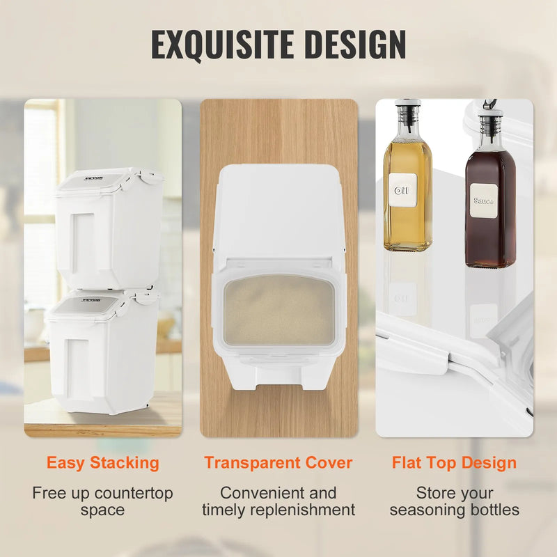 VEVOR sastāvdaļu uzglabāšanas konteineru komplekts, 2 × 15 l dozatoru konteineri ar 2 mērbļodiņām, piestiprināmiem riteņiem un hermētisku vāku, PP materiāla rīsu, graudu, miltu un mājdzīvnieku barības tvertnes, 2 gab.