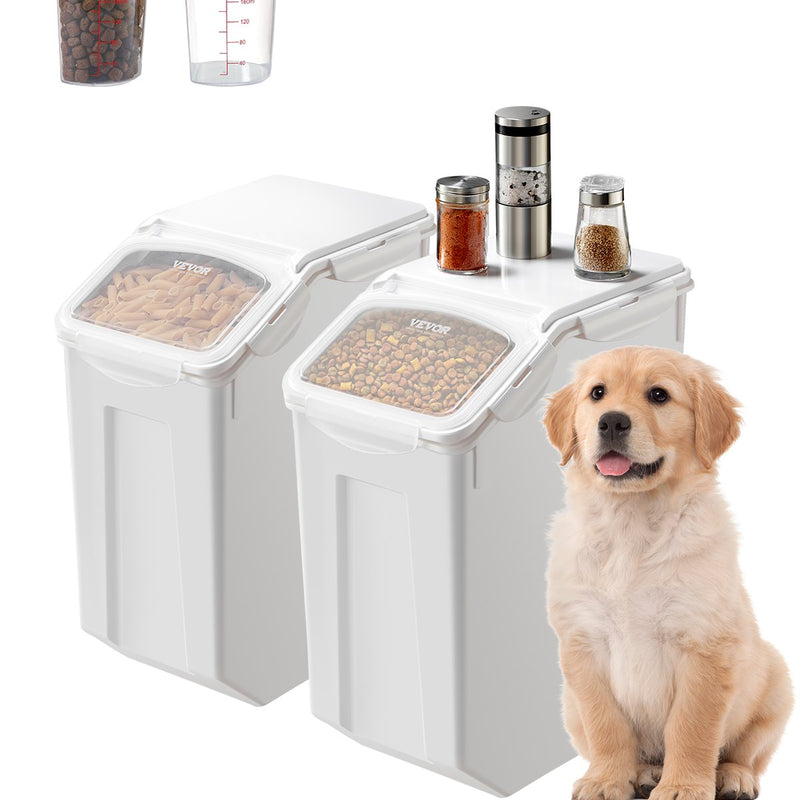 VEVOR rīsu un barības uzglabāšanas konteineru komplekts, 2 × 20 l lieli hermētiski virtuves graudu un miltu konteineri ar riteņiem, mājdzīvnieku barības dozatori ar 2 mērbļodiņām, 2 gab.