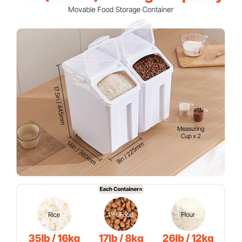VEVOR rīsu un barības uzglabāšanas konteineru komplekts, 2 × 20 l lieli hermētiski virtuves graudu un miltu konteineri ar riteņiem, mājdzīvnieku barības dozatori ar 2 mērbļodiņām, 2 gab.