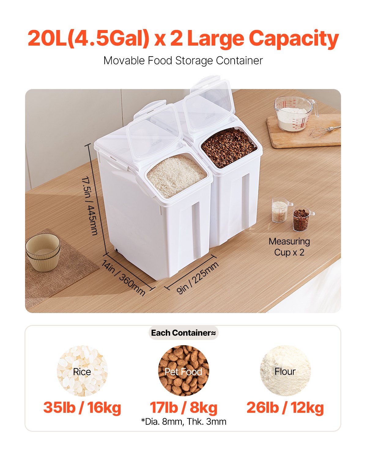 VEVOR Food Storage Container Set with Wheels and Measuring Cups, 2 × 20 l