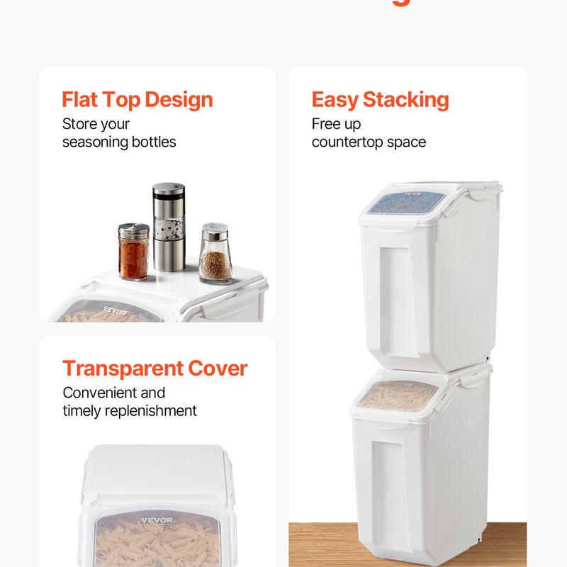 VEVOR rīsu un barības uzglabāšanas konteineru komplekts, 2 × 20 l lieli hermētiski virtuves graudu un miltu konteineri ar riteņiem, mājdzīvnieku barības dozatori ar 2 mērbļodiņām, 2 gab.