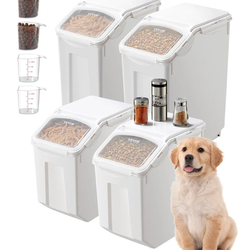 VEVOR rīsu un barības uzglabāšanas konteineru komplekts, 2 × 15 l un 2 × 20 l lieli hermētiski dozatoru konteineri ar riteņiem, virtuves graudu un putraimu tvertnes, mājdzīvnieku barības konteineri ar 4 mērbļodiņām, komplektā 4 gab.