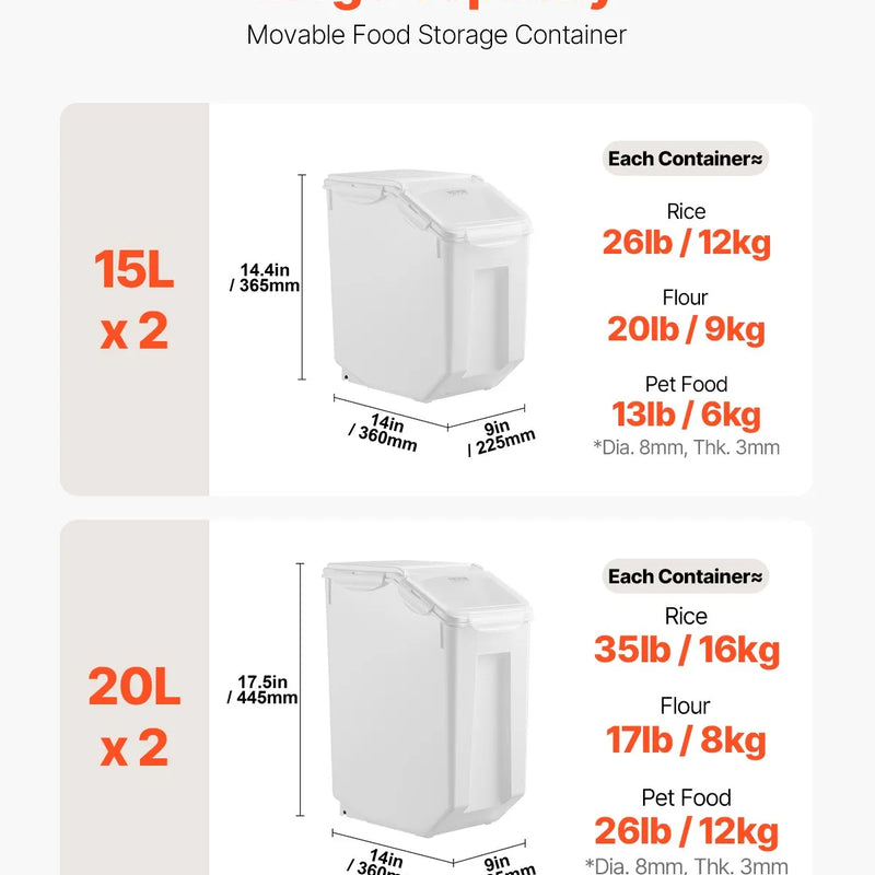 VEVOR rīsu un barības uzglabāšanas konteineru komplekts, 2 × 15 l un 2 × 20 l lieli hermētiski dozatoru konteineri ar riteņiem, virtuves graudu un putraimu tvertnes, mājdzīvnieku barības konteineri ar 4 mērbļodiņām, komplektā 4 gab.