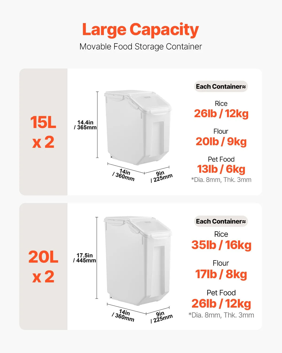 VEVOR Food Storage Container Set with Wheels and Measuring Cups, 2 × 15 l + 2 × 20 l