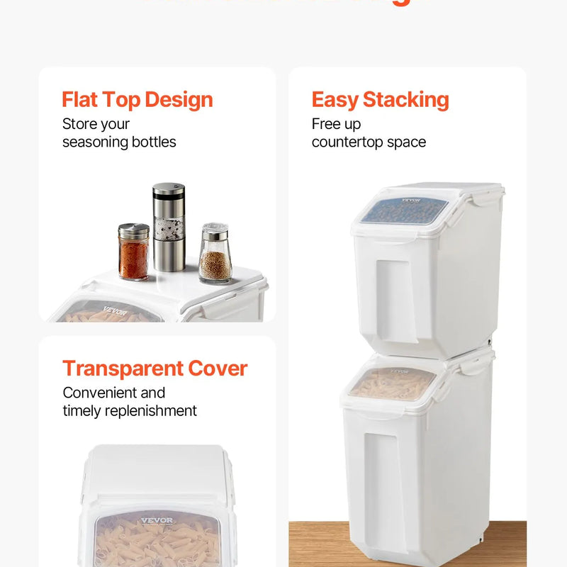 VEVOR rīsu un barības uzglabāšanas konteineru komplekts, 2 × 15 l un 2 × 20 l lieli hermētiski dozatoru konteineri ar riteņiem, virtuves graudu un putraimu tvertnes, mājdzīvnieku barības konteineri ar 4 mērbļodiņām, komplektā 4 gab.
