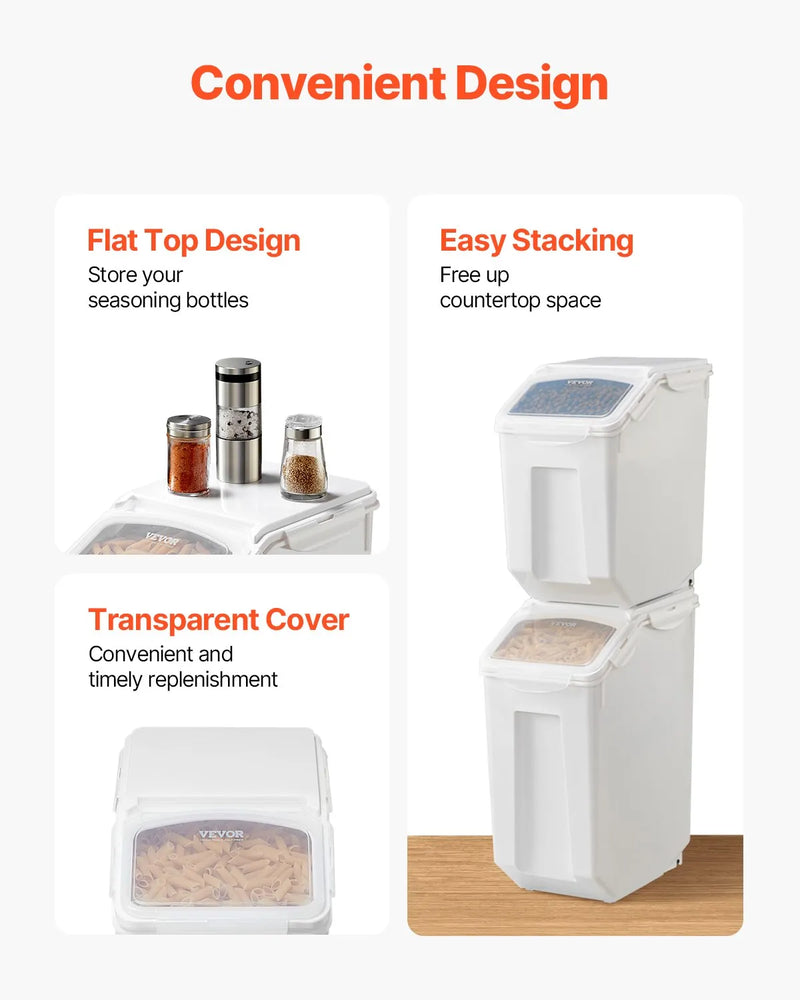 VEVOR rīsu un barības uzglabāšanas konteineru komplekts, 2 × 15 l un 2 × 20 l lieli hermētiski dozatoru konteineri ar riteņiem, virtuves graudu un putraimu tvertnes, mājdzīvnieku barības konteineri ar 4 mērbļodiņām, komplektā 4 gab.