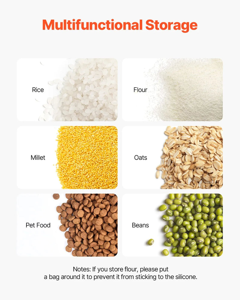 VEVOR rīsu un barības uzglabāšanas konteineru komplekts, 2 × 15 l un 2 × 20 l lieli hermētiski dozatoru konteineri ar riteņiem, virtuves graudu un putraimu tvertnes, mājdzīvnieku barības konteineri ar 4 mērbļodiņām, komplektā 4 gab.