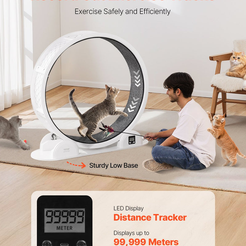 Kaķu treniņrats ar pedometru, 103,6 cm, ar bremzi un paklājētu skrejceļu, kluss skrejritenis telpām kaķiem līdz 13,6 kg, balts