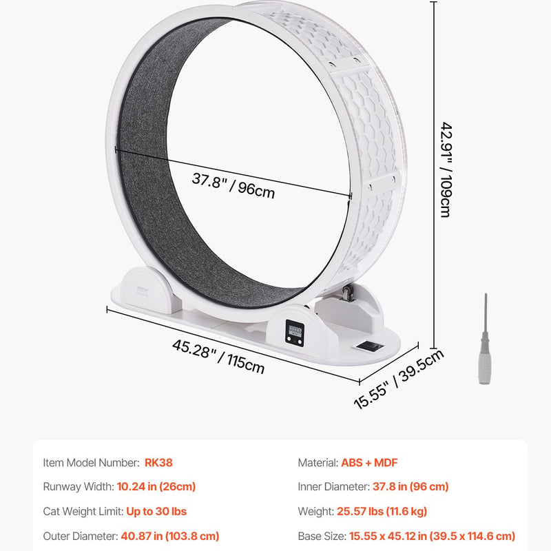 Kaķu treniņrats ar pedometru, 103,6 cm, ar bremzi un paklājētu skrejceļu, kluss skrejritenis telpām kaķiem līdz 13,6 kg, balts