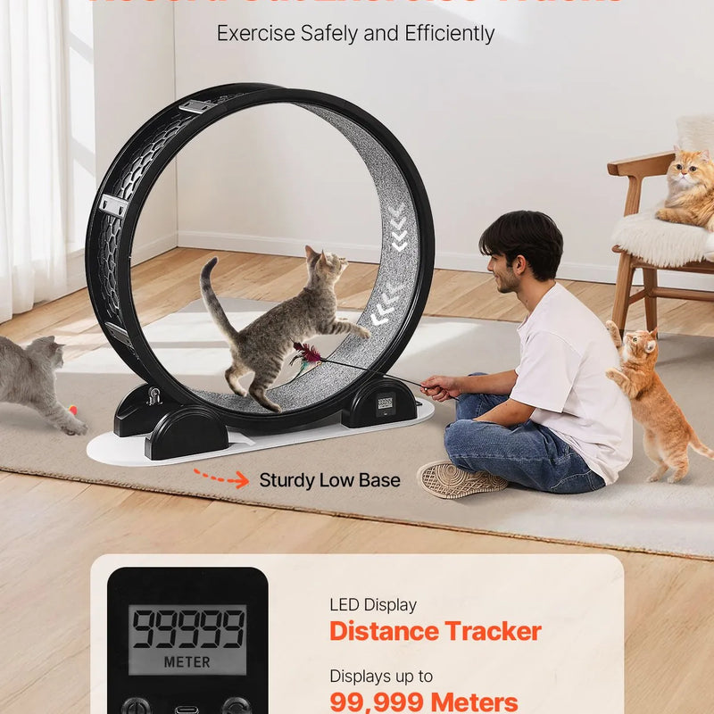 VEVOR kaķu skriešanas ritenis ar pedometru, bremzi un paklājotu skriešanas virsmu, 104 cm kluss trenažieris telpām kaķiem līdz 13,6 kg, melns