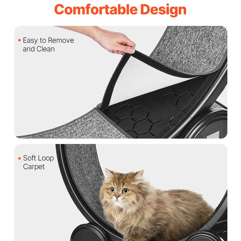 VEVOR kaķu skriešanas ritenis ar pedometru, bremzi un paklājotu skriešanas virsmu, 104 cm kluss trenažieris telpām kaķiem līdz 13,6 kg, melns