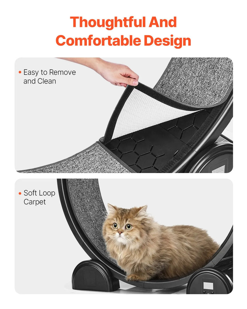 VEVOR kaķu skriešanas ritenis ar pedometru, bremzi un paklājotu skriešanas virsmu, 104 cm kluss trenažieris telpām kaķiem līdz 13,6 kg, melns