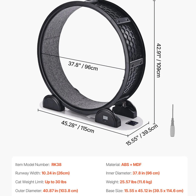 VEVOR kaķu skriešanas ritenis ar pedometru, bremzi un paklājotu skriešanas virsmu, 104 cm kluss trenažieris telpām kaķiem līdz 13,6 kg, melns