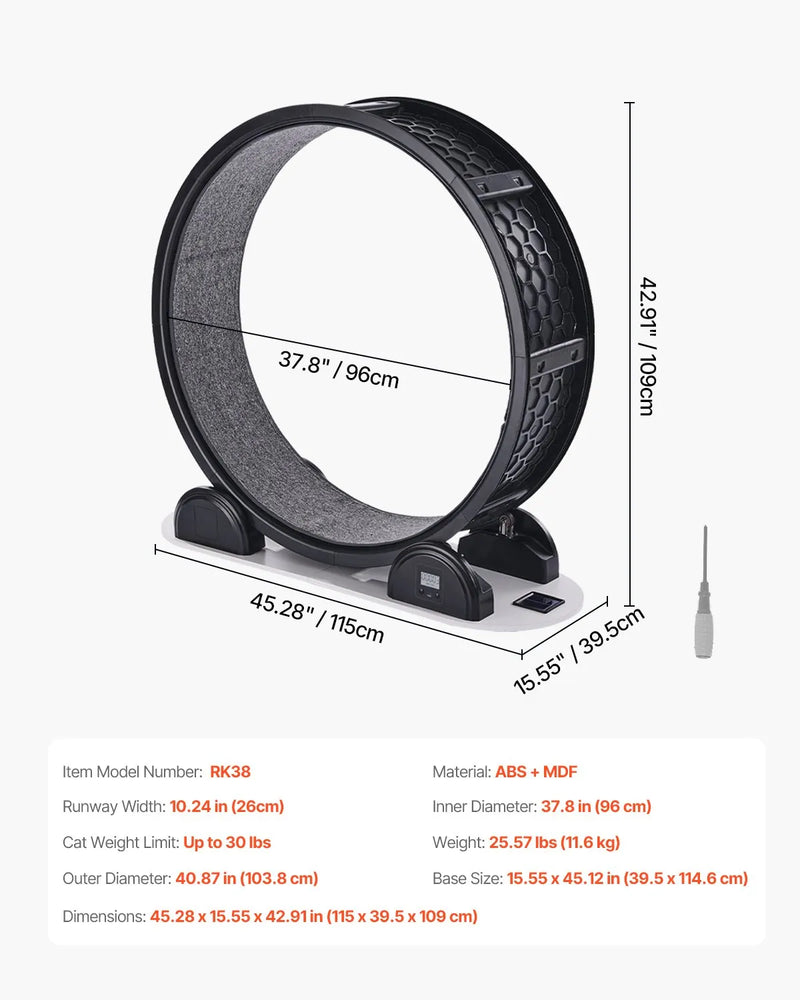 VEVOR kaķu skriešanas ritenis ar pedometru, bremzi un paklājotu skriešanas virsmu, 104 cm kluss trenažieris telpām kaķiem līdz 13,6 kg, melns