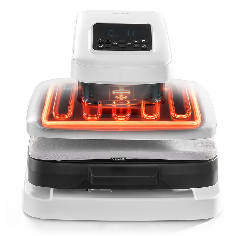 VEVOR automātiskā termoprese 38 x 38 cm ar automātisku atvēršanu un regulējamu spiedienu, digitālo displeju un ātru uzsilšanu sublimācijai, vinila un termopārneses projektiem balta - ZEMLETES.LV