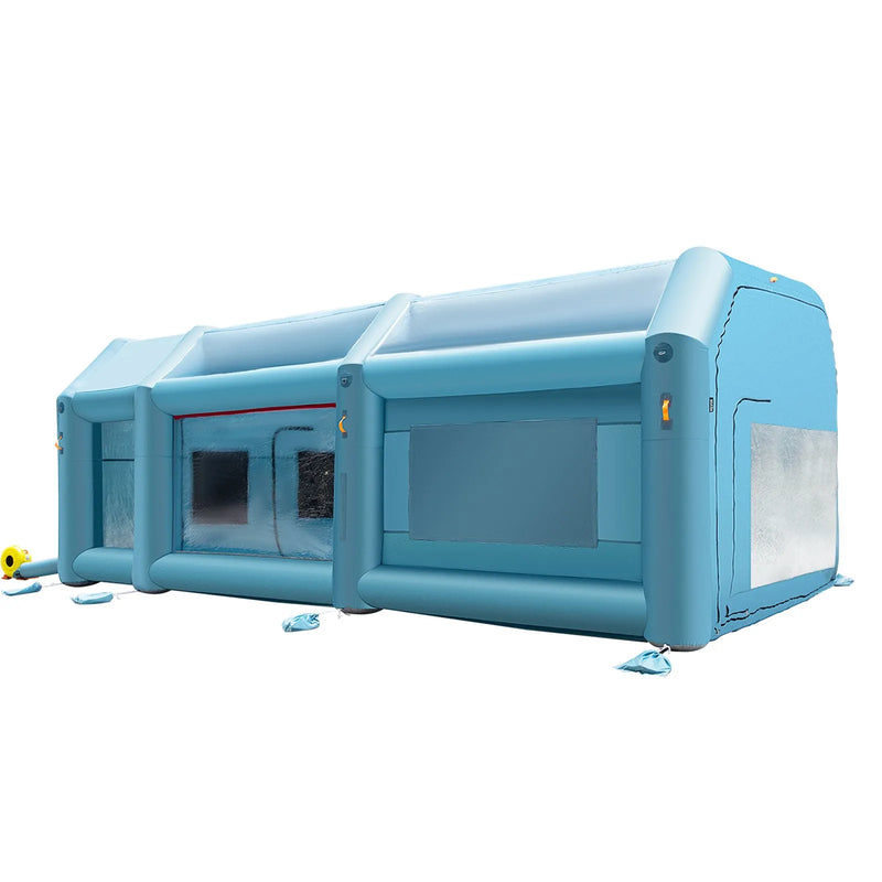 Uzpūšamā krāsošanas kabīne automašīnām 7 × 4 × 2.5 m ar filtrēšanas sistēmu un 2 ventilatoriem