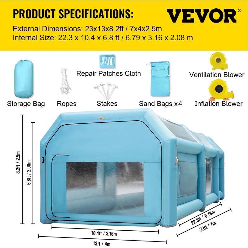 Uzpūšamā krāsošanas kabīne automašīnām 7 × 4 × 2.5 m ar filtrēšanas sistēmu un 2 ventilatoriem