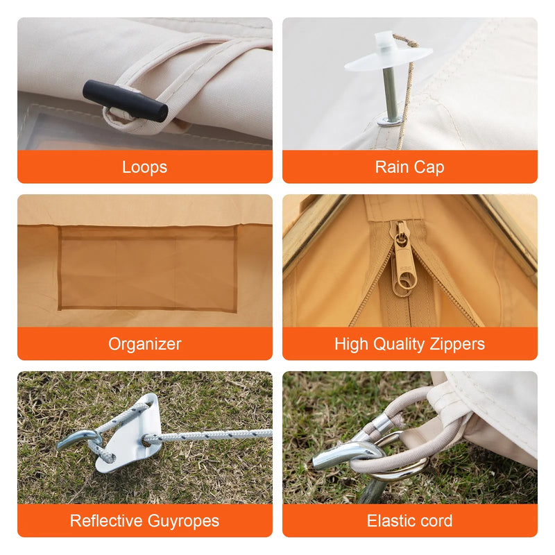Jurtas tipa kempinga telts 4 sezonām, 4 m diametrā, ūdensnecaurlaidīga audekla glampinga zvanu telts ģimenes kempingam un āra medībām
