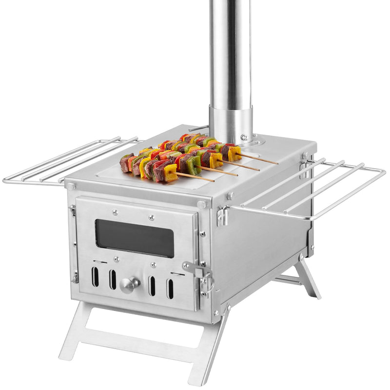 VEVOR malkas krāsns, 203 cm, nerūsējošā tērauda kempinga telts krāsns, pārnēsājama malkas krāsns ar skursteņa caurulēm un cimdiem, 700 in³ kurtuves tilpums, piemērota ēdiena gatavošanai un apkurei brīvā dabā, komplektā 8 caurules