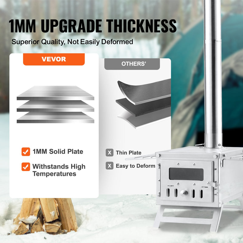 VEVOR malkas krāsns, 203 cm, nerūsējošā tērauda kempinga telts krāsns, pārnēsājama malkas krāsns ar skursteņa caurulēm un cimdiem, 700 in³ kurtuves tilpums, piemērota ēdiena gatavošanai un apkurei brīvā dabā, komplektā 8 caurules