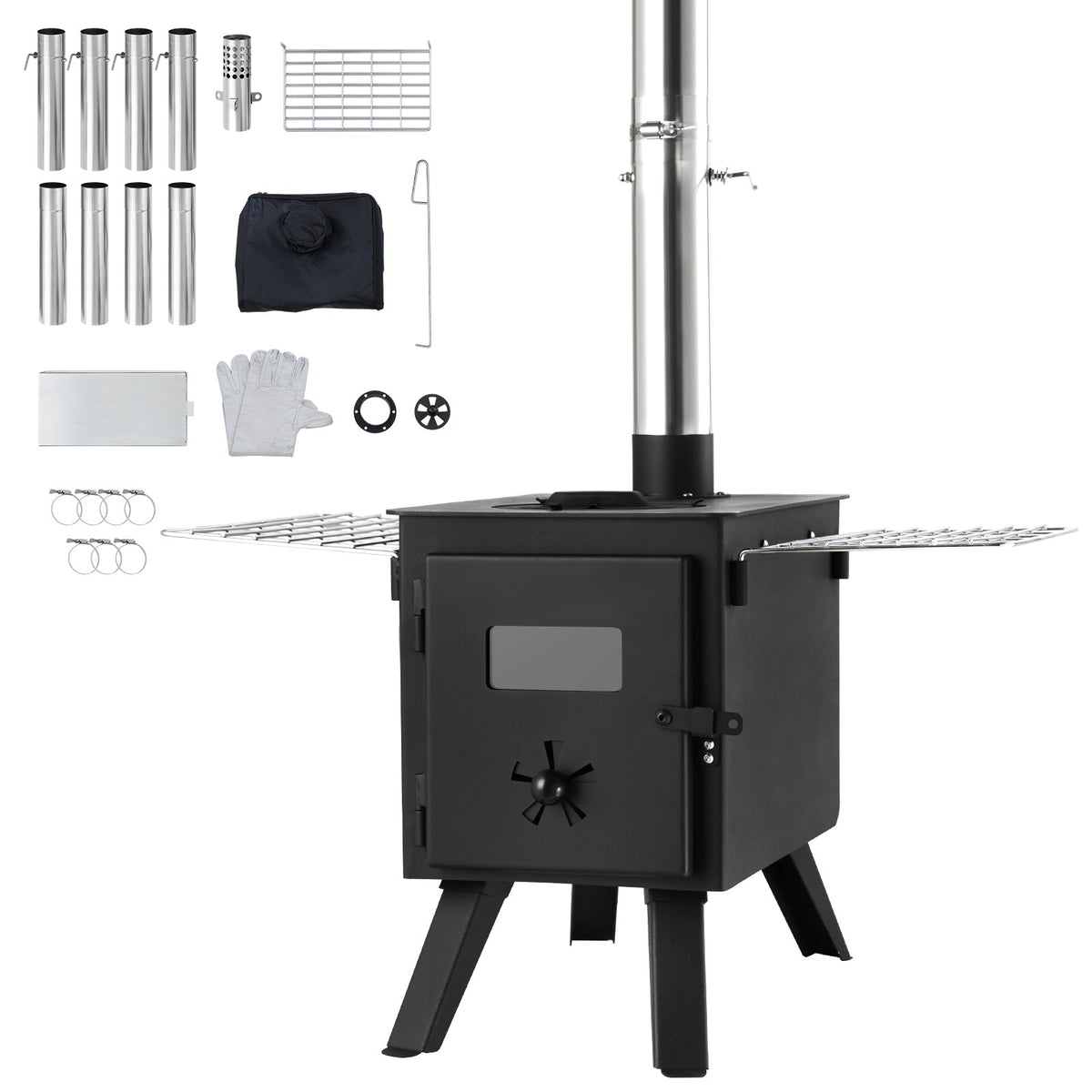 VEVOR pārnēsājama malkas krāsns ar skursteni, 220 cm, 22,9 l degkamera, 8 caurules