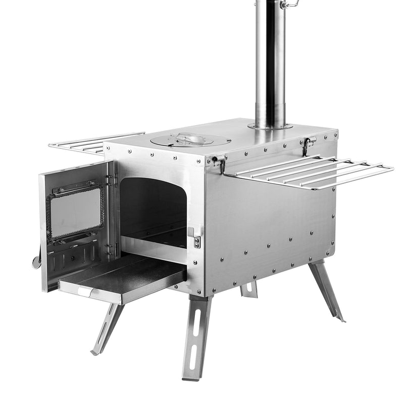 VEVOR nerūsējošā tērauda malkas krāsns, 218 cm, pārnēsājama kempinga krāsns ar skursteni un cimdiem, 3000 in³ kurtuves tilpums, piemērota ēdiena gatavošanai un apkurei brīvā dabā, komplektā 8 caurules