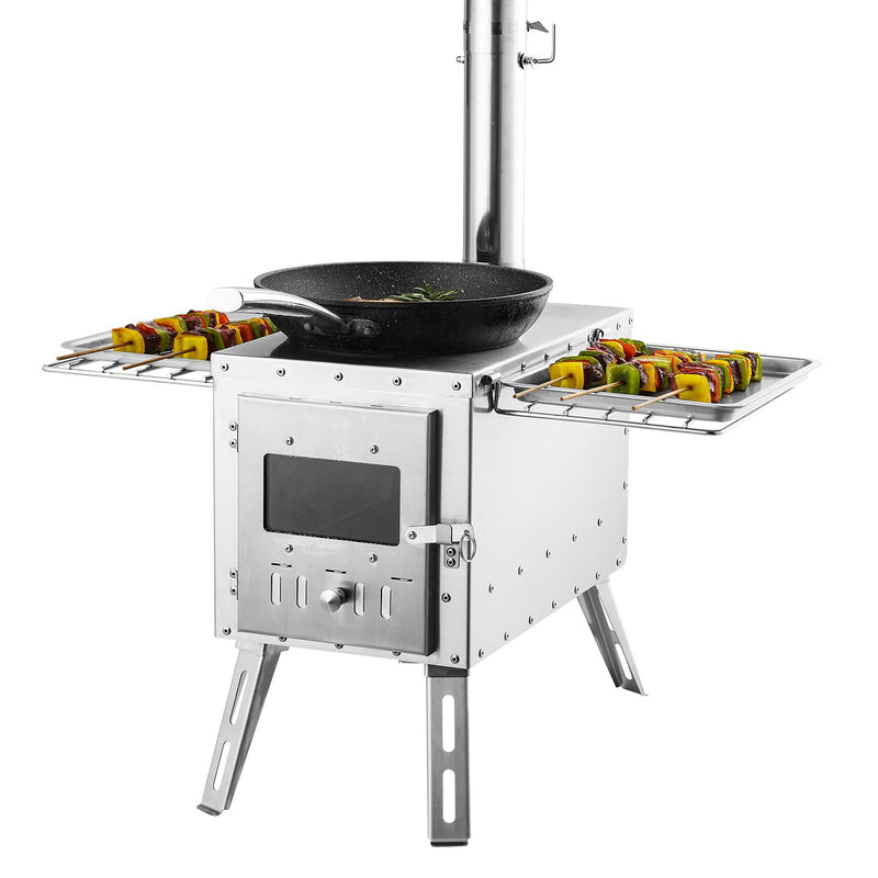 VEVOR nerūsējošā tērauda malkas krāsns, 218 cm, pārnēsājama kempinga krāsns ar skursteni un cimdiem, 3000 in³ kurtuves tilpums, piemērota ēdiena gatavošanai un apkurei brīvā dabā, komplektā 8 caurules