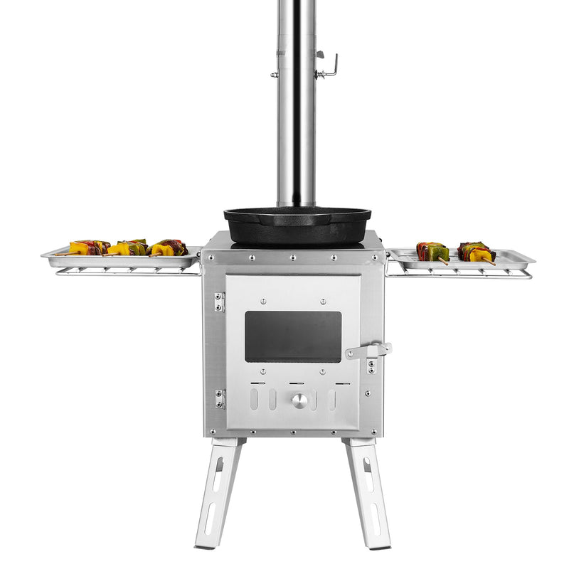 VEVOR nerūsējošā tērauda malkas krāsns, 218 cm, pārnēsājama kempinga krāsns ar skursteni un cimdiem, 3000 in³ kurtuves tilpums, piemērota ēdiena gatavošanai un apkurei brīvā dabā, komplektā 8 caurules