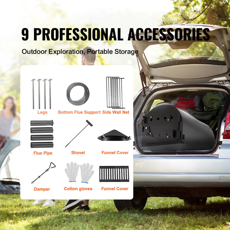VEVOR pārnēsājama malkas krāsns ar skursteni, 3 000 in³ kurtuve, 300 cm, āra gatavošanai un apkurei, 8 caurules, sakausējuma tērauds