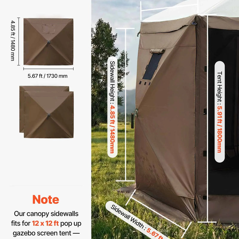 VEVOR nojumes sānu sienas 1,73 x 1,48 m, ar ūdensizturīgu un saules aizsardzības slāni, ar vienpusēju loga dizainu, piemērotas āra pasākumu teltīm un tirdzniecības stendiem, komplektā 3 gab., brūnas