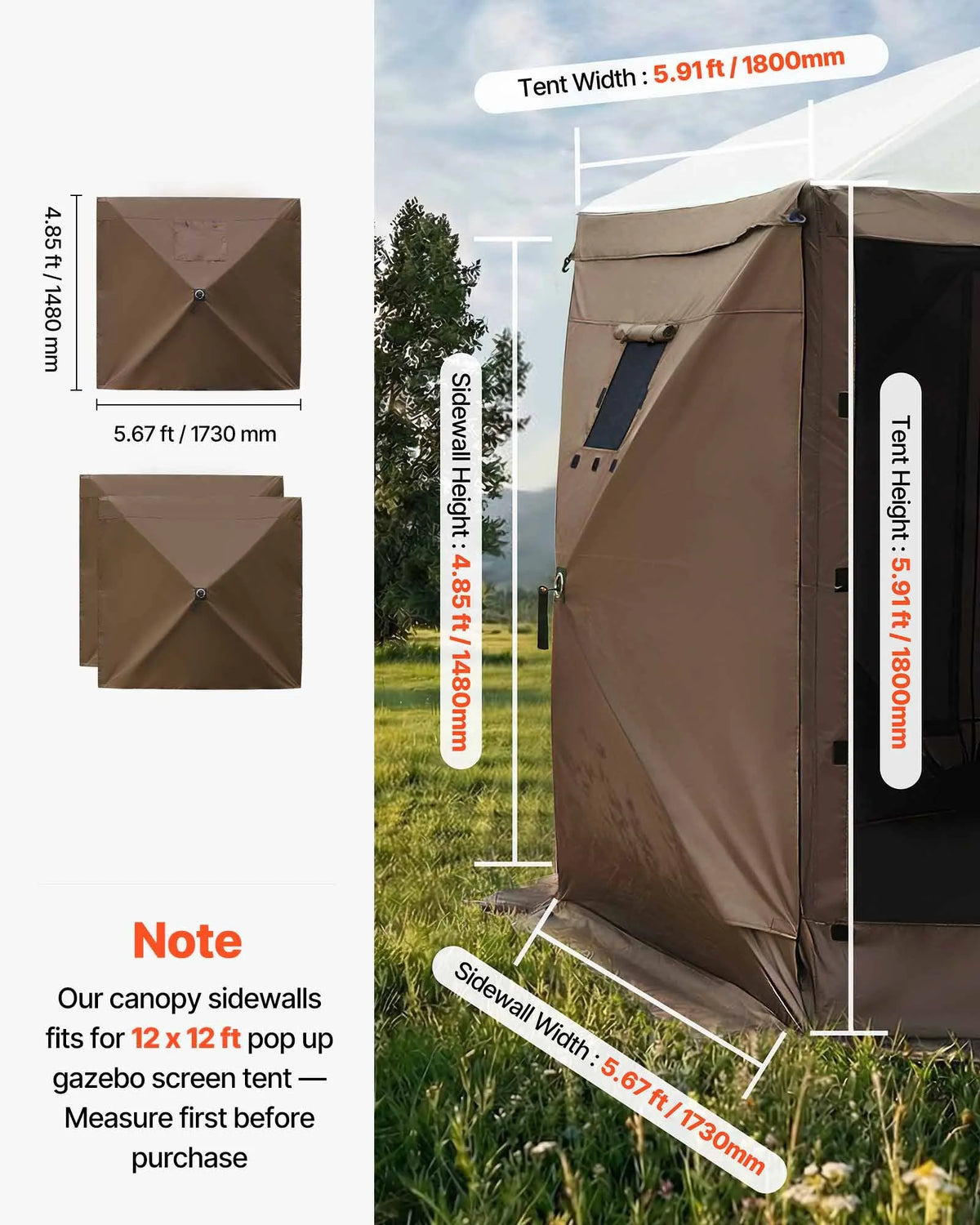 VEVOR nojumes sānu sienas 1,73 x 1,48 m, ar ūdensizturīgu un saules aizsardzības slāni, ar vienpusēju loga dizainu, piemērotas āra pasākumu teltīm un tirdzniecības stendiem, komplektā 3 gab., brūnas - ZEMLETES.LV