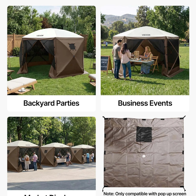 VEVOR nojumes sānu sienas 1,73 x 1,48 m, ar ūdensizturīgu un saules aizsardzības slāni, ar vienpusēju loga dizainu, piemērotas āra pasākumu teltīm un tirdzniecības stendiem, komplektā 3 gab., brūnas