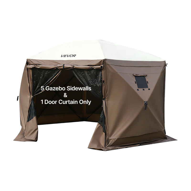 VEVOR nojumes sānu sienas 1,73 x 1,48 m, ar ūdensizturību un saules aizsardzību, 1 sānu siena ar rāvējslēdzēja durvīm un 2 ar logiem, piemērotas āra pasākumu teltīm un tirdzniecības stendiem, komplektā 6 gab., brūnas
