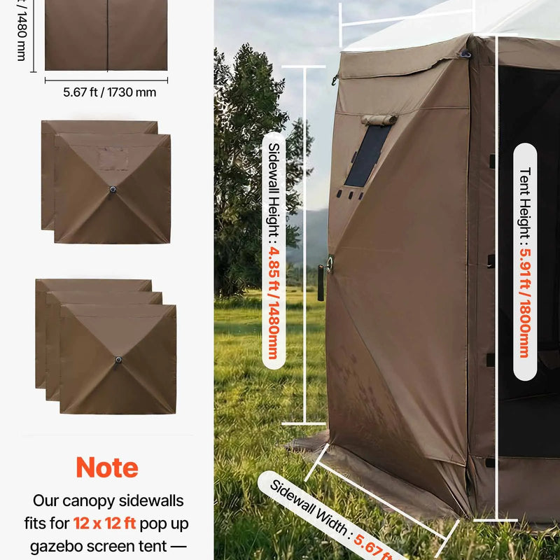 VEVOR nojumes sānu sienas 1,73 x 1,48 m, ar ūdensizturību un saules aizsardzību, 1 sānu siena ar rāvējslēdzēja durvīm un 2 ar logiem, piemērotas āra pasākumu teltīm un tirdzniecības stendiem, komplektā 6 gab., brūnas