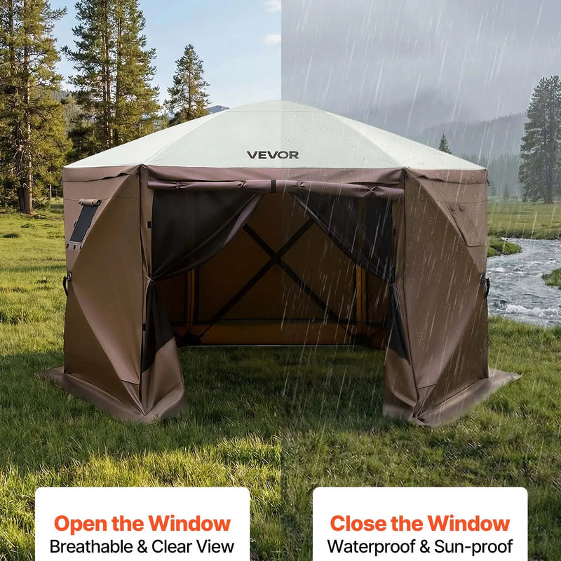 VEVOR nojumes sānu sienas 1,73 x 1,48 m, ar ūdensizturību un saules aizsardzību, 1 sānu siena ar rāvējslēdzēja durvīm un 2 ar logiem, piemērotas āra pasākumu teltīm un tirdzniecības stendiem, komplektā 6 gab., brūnas
