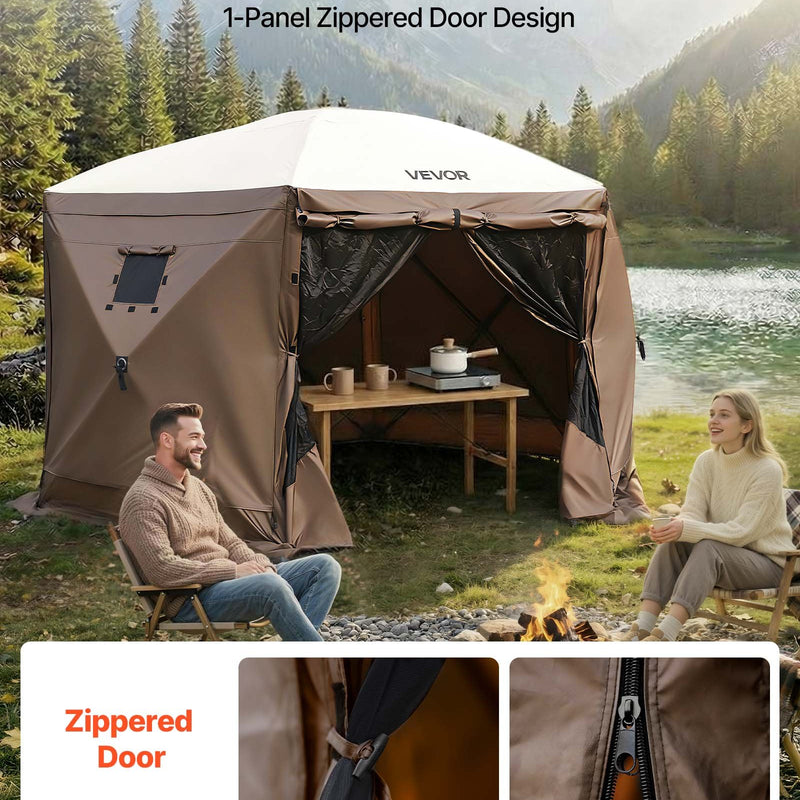 VEVOR nojumes sānu sienas 1,73 x 1,48 m, ar ūdensizturību un saules aizsardzību, 1 sānu siena ar rāvējslēdzēja durvīm un 2 ar logiem, piemērotas āra pasākumu teltīm un tirdzniecības stendiem, komplektā 6 gab., brūnas