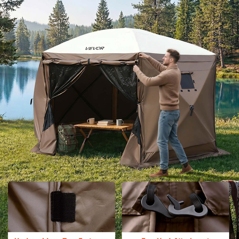 VEVOR nojumes sānu sienas 1,73 x 1,48 m, ar ūdensizturību un saules aizsardzību, 1 sānu siena ar rāvējslēdzēja durvīm un 2 ar logiem, piemērotas āra pasākumu teltīm un tirdzniecības stendiem, komplektā 6 gab., brūnas